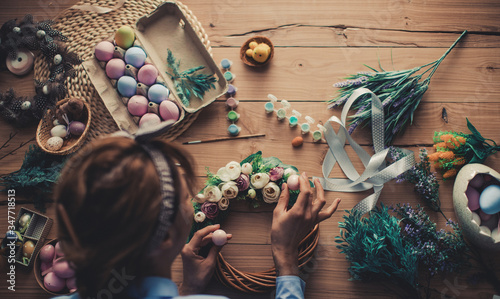 Easter concept. Easter colored eggs. Wooden table. 