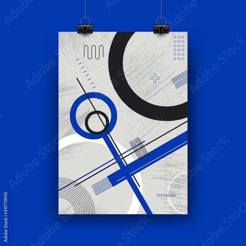 Abstract poster flyer pamphlet brochure cover design layout with circle shape graphic elements and space for photo background, blue and yellow color scheme, vector template in A4 size