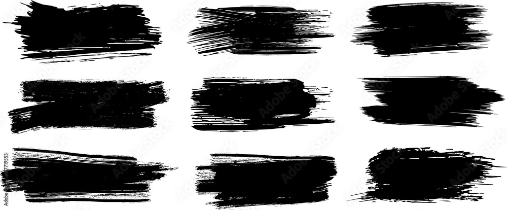 Brush Strokes. Set of four black grunge design elements. Paintbrush Boxes for text. Grunge design elements. Dirty texture banners. Vector illustration.