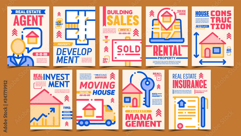 Real Estate Service Advertising Posters Set Vector. Real Estate Agent And Insurance, Investment And Sales, Rental Property And House Construction. Concept Template Stylish Colorful Illustrations