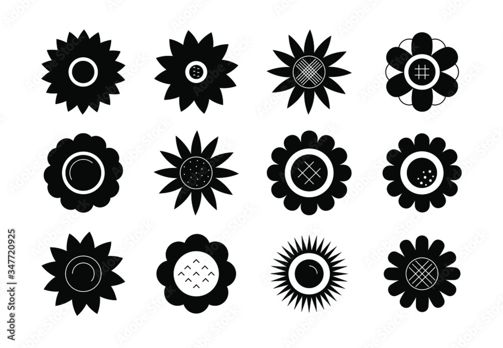 Set of sunflower icons isolated on wthite background. Simple floral logo in flat style. Vector illustration