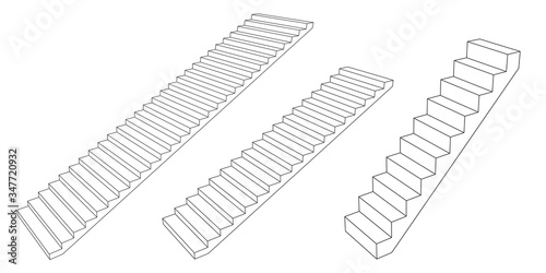 Stairway set. 3d Vector outline illustration. Isolated on white background.