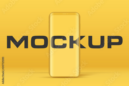 Smartphone layout presentation mockup in yellow color. Example frameless model smartphone with touchscreen. Project application mockup. Vector Illustration