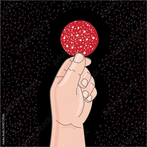 Holding salami on black background. Vector Flat Illustration