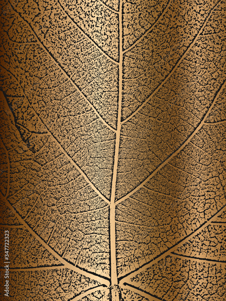 Obraz premium Distress tree leaves, leaflet texture on golden background. Black and white grunge background.