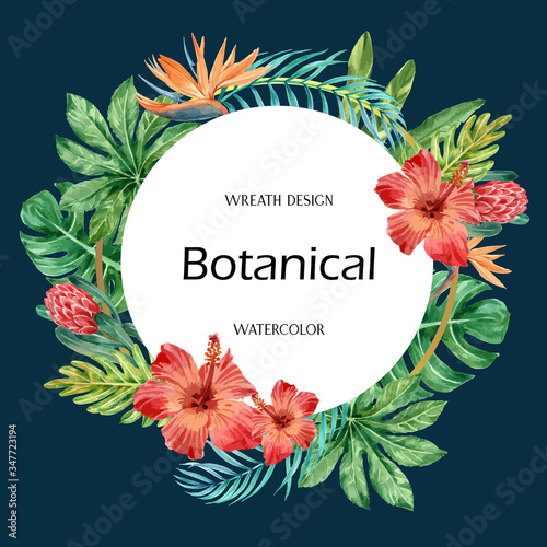 Tropical wreath swirl design summer with plants foliage exotic, creative watercolor vector illustration template design