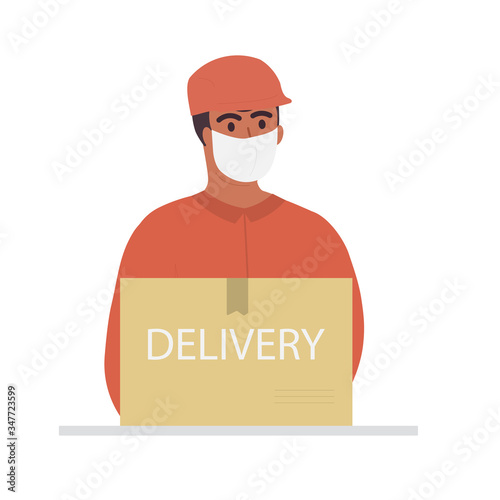 The concept of delivery during the coronavirus pandemic. A man in uniform delivers a box. Safe delivery. Shipping flat icons for web. a man holding a box. Vector illustration isolated