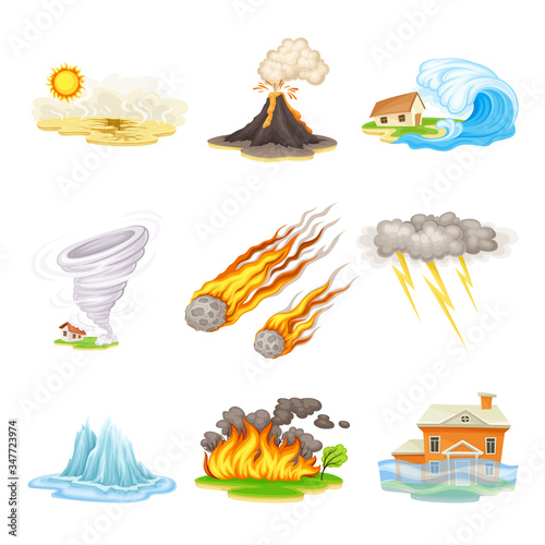 Natural Cataclysms with Drought and Volcanic Eruption Vector Illustrations Set