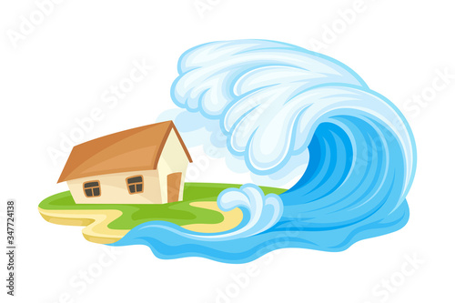 Tsunami Wave Battering Upon the House as Natural Cataclysm Vector Illustration