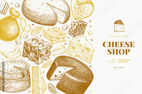 Cheese design template. Hand drawn vector dairy illustration. Engraved style different cheese kinds banner. Retro food background.