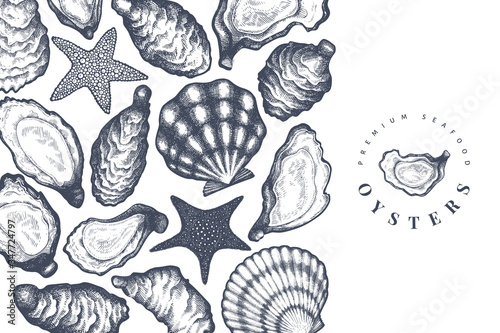 Oysters design template. Hand drawn vector illustration. Seafood banner. Can be used for design menu, packaging, recipes, fish market, seafood products.