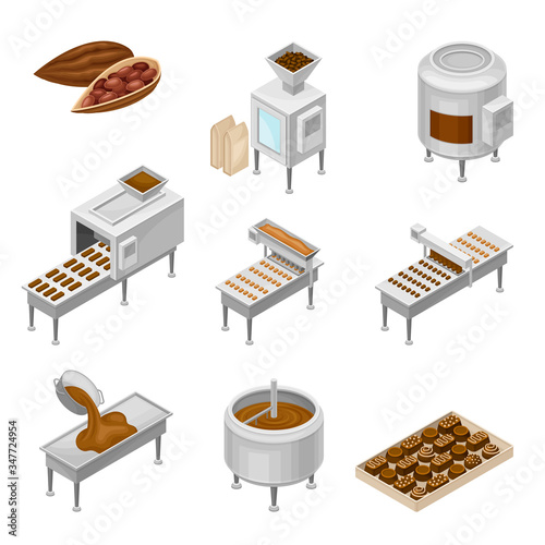 Conveyer Belt with Chocolate Sweets Rested on It and Cocoa Beans as Main Ingredient Vector Set