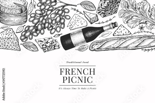 French food illustration design template. Hand drawn vector picnic meal illustrations. Engraved style different snack and wine banner. Vintage food background.