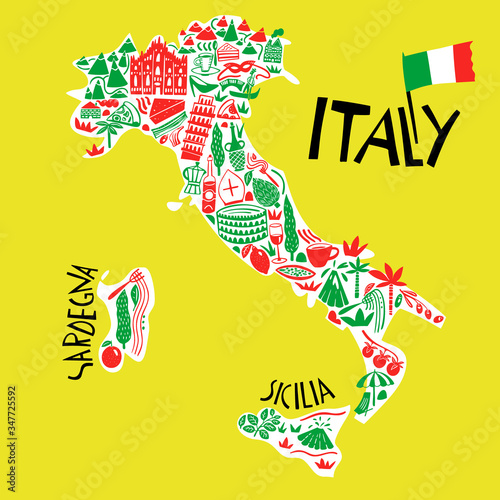 Vector hand drawn stylized map of Italy. Travel illustration of Italian Republic landmarks. Hand drawn lettering illustration. Europe mediterranean map element