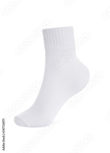 Blank white socks design mockup, isolated, clipping path. Pair sport crew cotton sock wear mock up. Long clear soft cloth stand presentation. Men basketball, football, tennis plain apparel template. photo