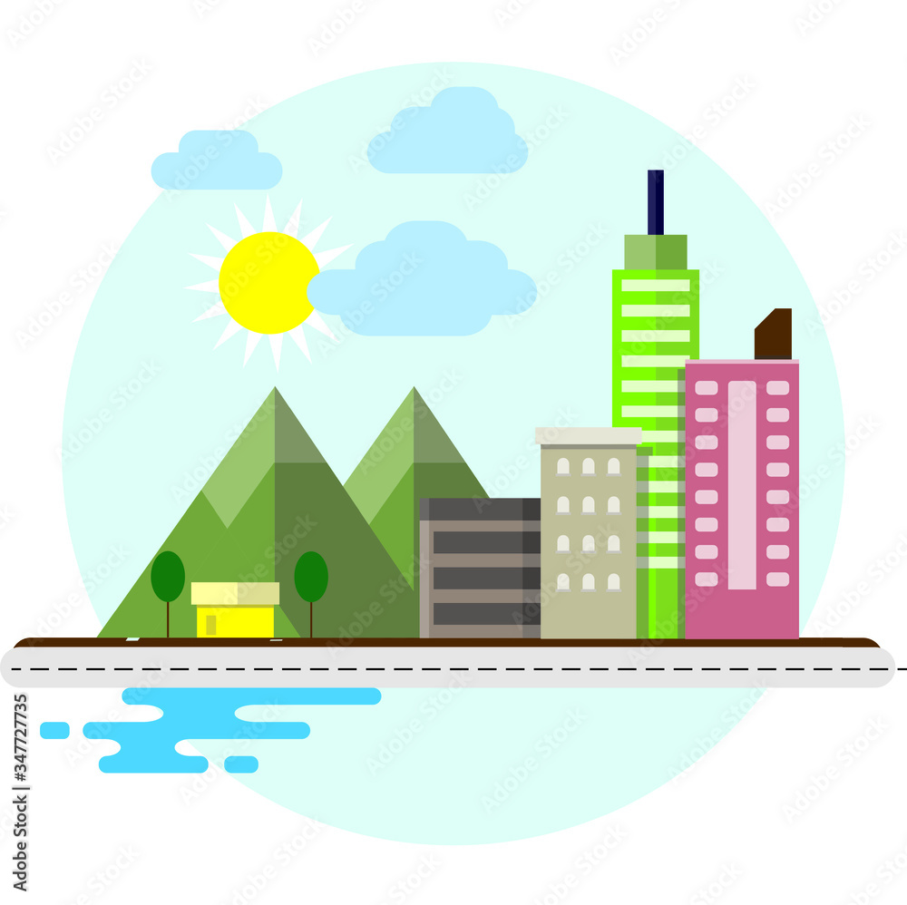 illustration of building town in countryside on mountain background.