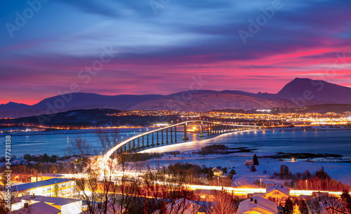 Arctic city of Tromso with bridge - Tromso cantilever road bridge in city