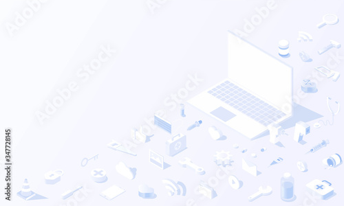 Medical Technology tool Social media monitoring concept in isometric background vector design.