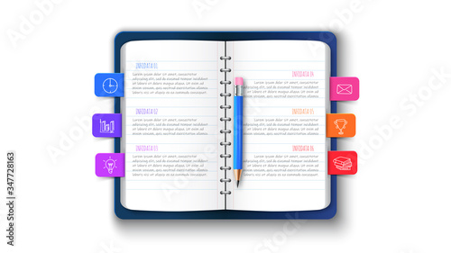 Template for education presentation with notebook and bookmarks for infographic. Business concept with 6 steps