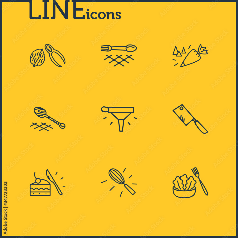 Vector illustration of 9 cutlery icons line style. Editable set of