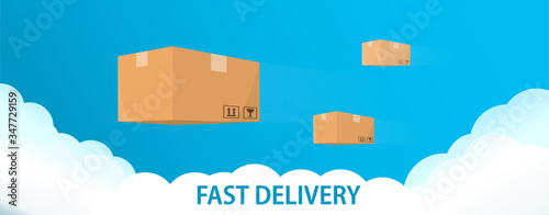 Fast delivery concept. Boxes are flying at high speed in the sky. Ultra fast delivery of goods. In the blue sky with clouds. an be an advertising banner or landing, easily edited and supplemented