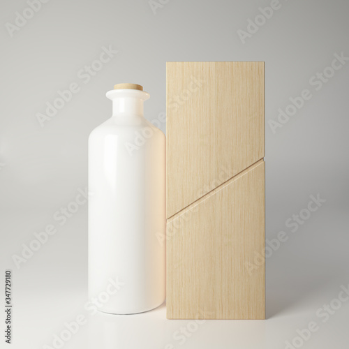 White ceramic bottle with a wooden box. 3D render. Mockup.