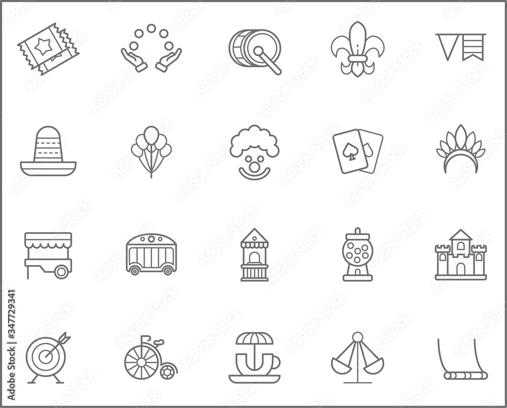 Set of carnival and amusement park Icons line style. It contains such Icons as circus, magic, party, festival, decoration, fair, rides, playground, card and other elements.