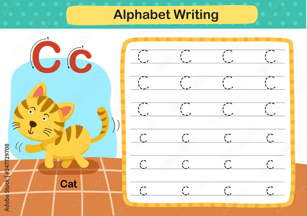 Alphabet Letter C-Cat exercise with cartoon vocabulary illustration