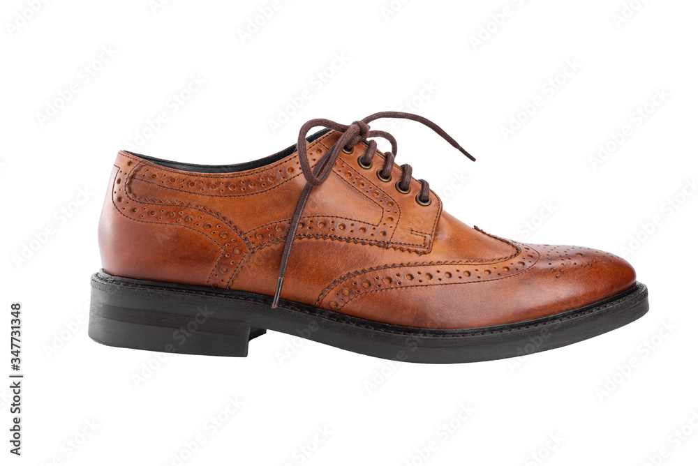 Classic brown men's oxfords shoes, with Derby type lacing, isolated on a white background, casual shoes for office Classic brown men's oxfords shoes, with Derby type lacing, isolated on a white background, casual shoes for office
