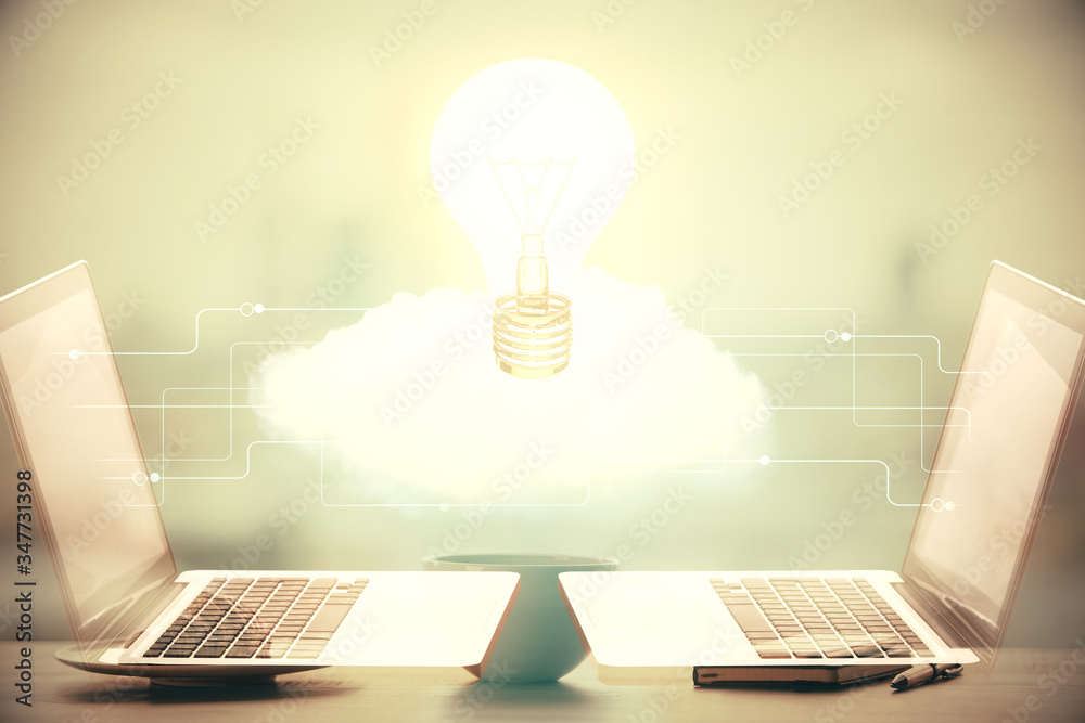 Double exposure of light bulb hologram over coffee cup background in office. Concept of idea Double exposure of light bulb hologram over coffee cup background in office. Concept of idea