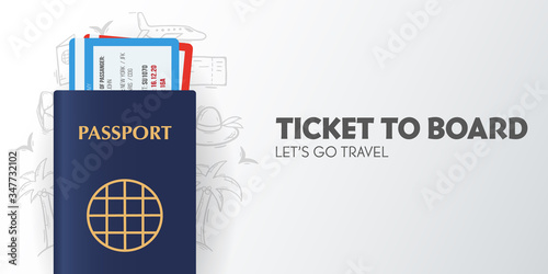 Time to travel banner with passport and tickets. Vacation. Road trip. Tourism. Journey. Travelling illustration. Modern flat design.
