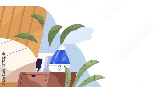 Home ultrasonic humidifier generating steam horizontal banner. Air cleaner, vaporizer. House appliance for humidity control, aromatheraphy and skincare. Vector illustration in flat cartoon style