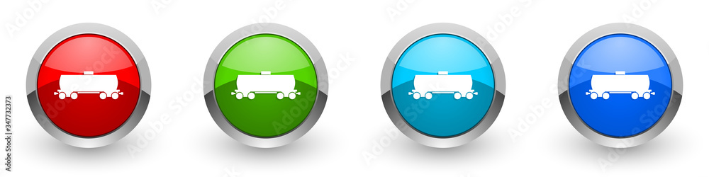 Fuel cistern wagon silver metallic glossy icons, train concept set of modern design buttons for web, internet and mobile applications in four colors options isolated on white background Fuel cistern wagon silver metallic glossy icons, train concept set of modern design buttons for web, internet and mobile applications in four colors options isolated on white background