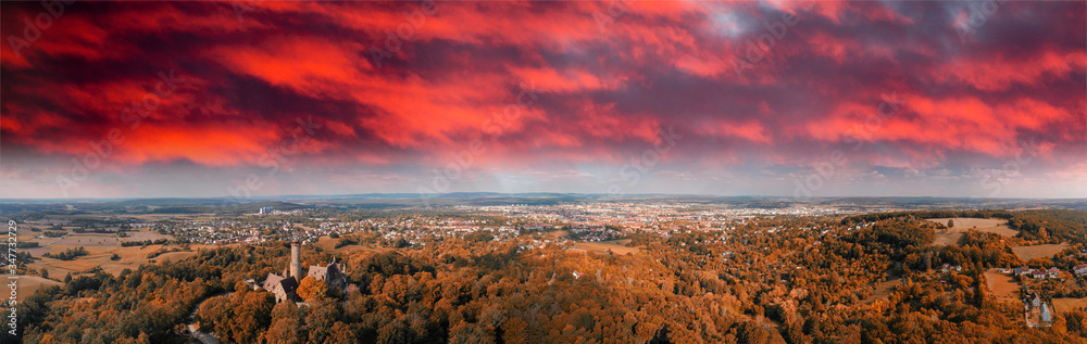 Altenburg Castle sunset aerial view, Bamberg from drone