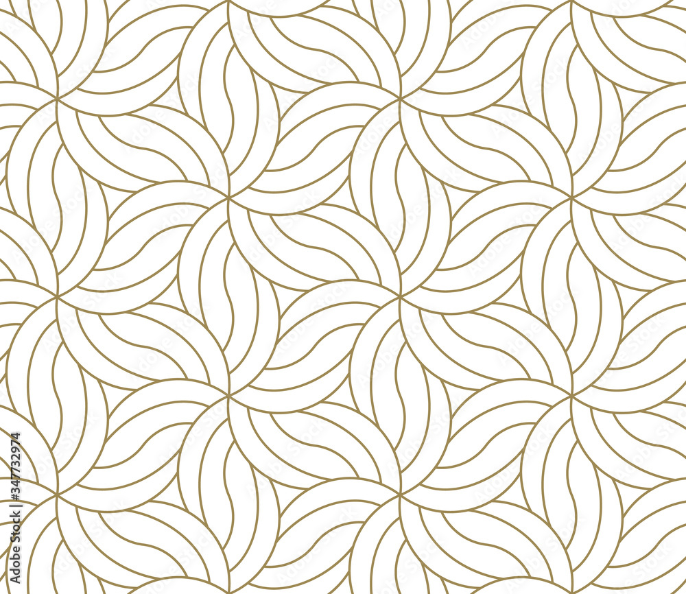 Fototapeta premium Seamless floral pattern with abstract geometric flower line texture, gold on white background. Light modern simple wallpaper, bright tile backdrop, decorative graphic element