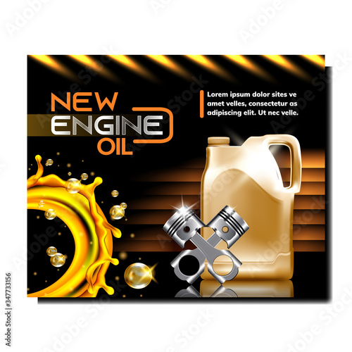 Car Service Station Promotional Poster Vector. Engine Oil Blank Canister, Golden Lubrication Liquid Splash And Metallic Car Engine Detail Cylinders. Auto Repair Template Realistic 3d Illustration