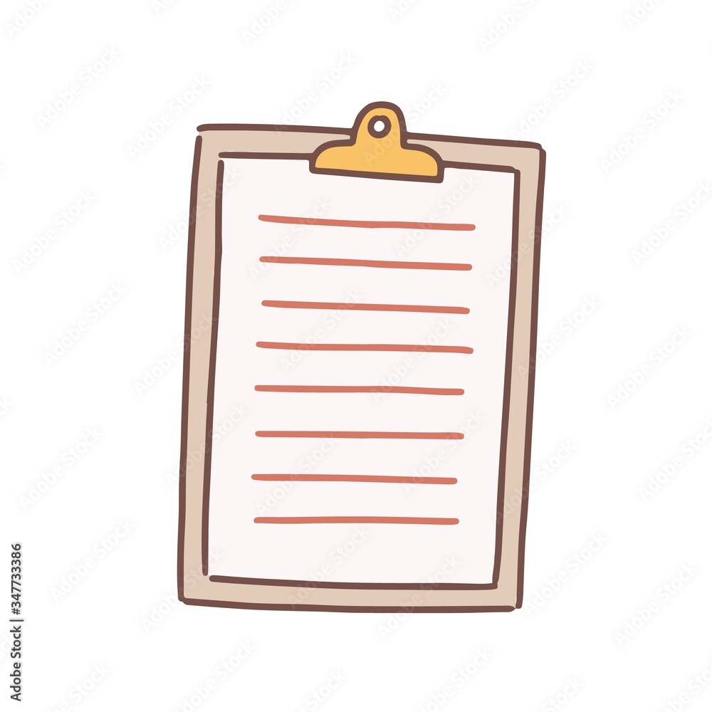 Cartoon note paper blank with clip board vector flat illustration. Colorful sheet to writing notes isolated on white background. Lined hand drawn list attached to clipboard Cartoon note paper blank with clip board vector flat illustration. Colorful sheet to writing notes isolated on white background. Lined hand drawn list attached to clipboard