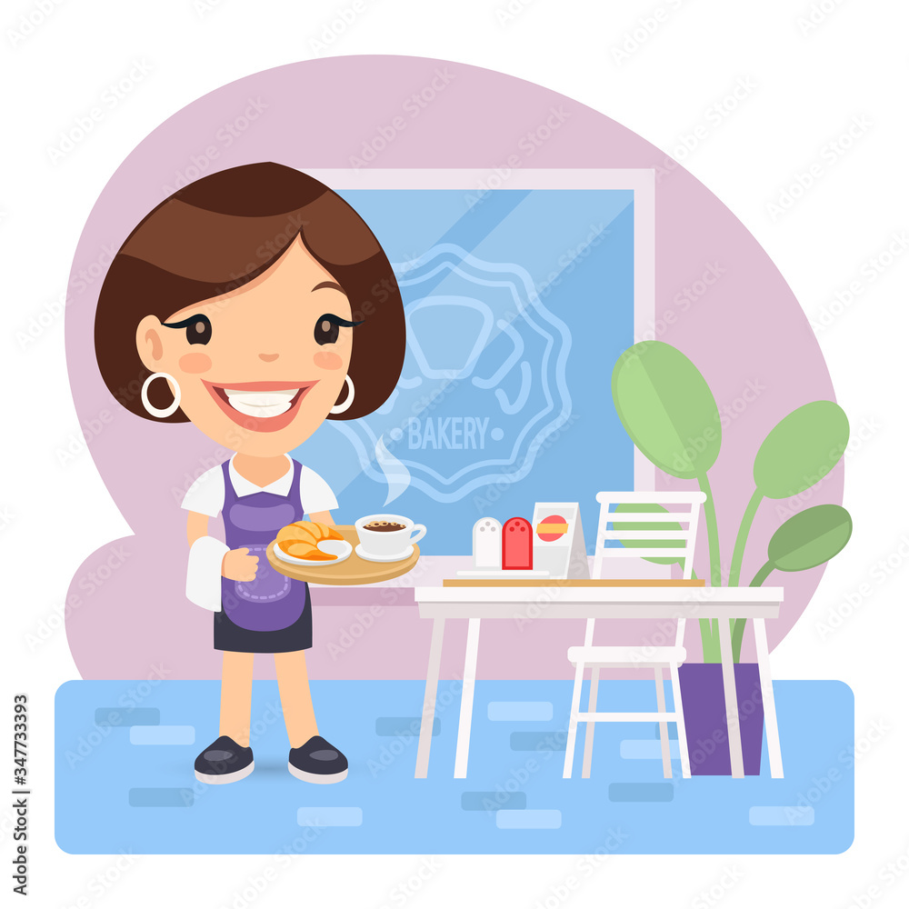 Cartoon waitress carrying tray with in the bakery cafe vector illustration. Employee in uniform. Composition with a professional. Flat female character. Cartoon waitress carrying tray with in the bakery cafe vector illustration. Employee in uniform. Composition with a professional. Flat female character.
