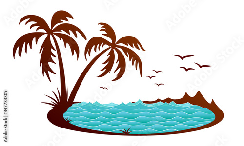 Tropical island symbol with sea and palm trees.