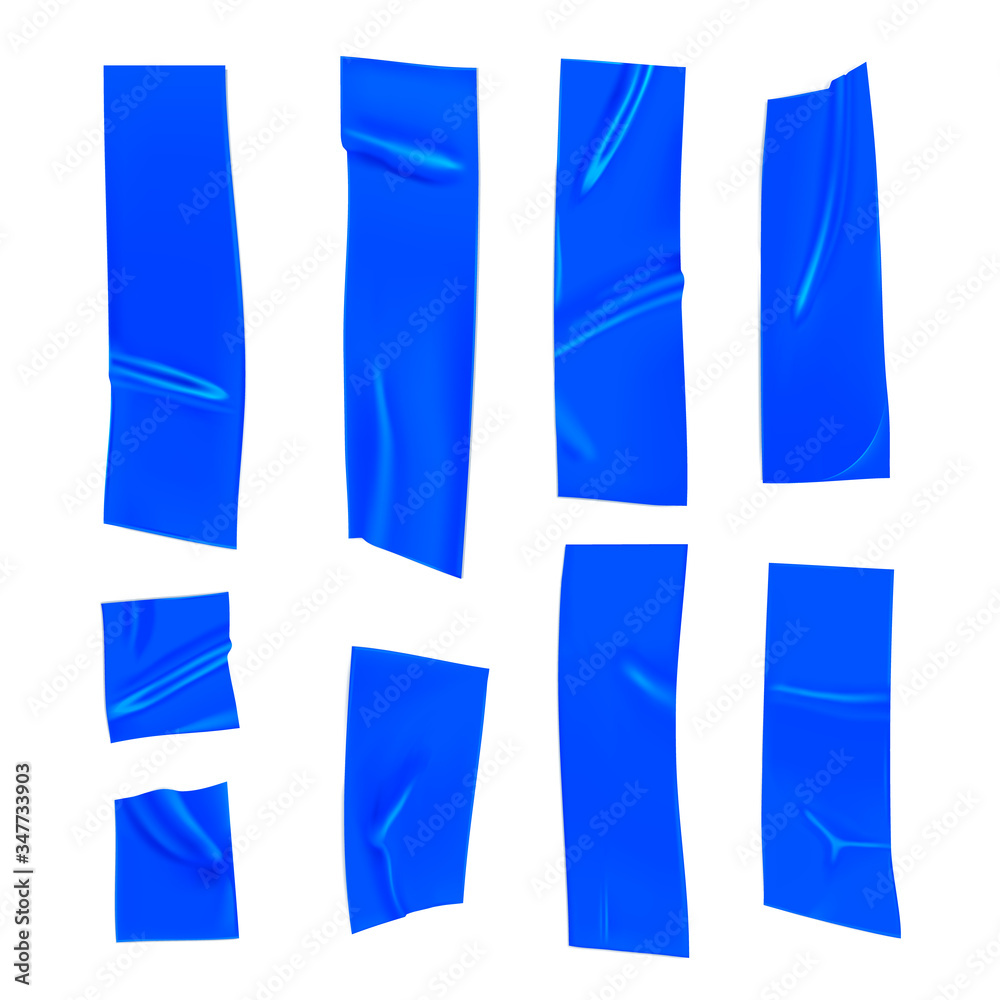 Blue duct tape set. Realistic blue adhesive tape pieces for fixing isolated on white background. Paper glued. Realistic 3d vector illustration Blue duct tape set. Realistic blue adhesive tape pieces for fixing isolated on white background. Paper glued. Realistic 3d vector illustration