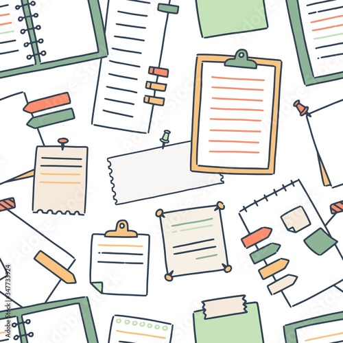 Various notebooks and paper sheets for making writing notes seamless pattern. Colorful blanks attached with pushpins and adhesive tape, stickers and reminder lists on white background
