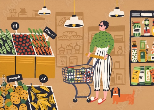 Cartoon trendy woman buyer with dog purchasing at supermarket vector flat illustration. Colorful female customer with shopping card buying food at grocery store. Hypermarket with shelf of products