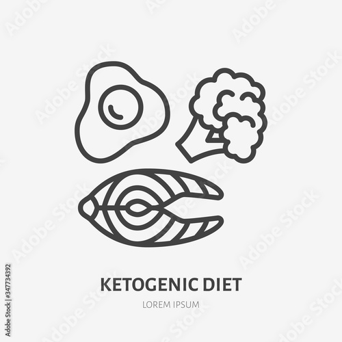 Keto diet line icon, vector pictogram of ketogenic food - egg, salmon, broccoli. Healthy eating illustration, sign for sport nutrition