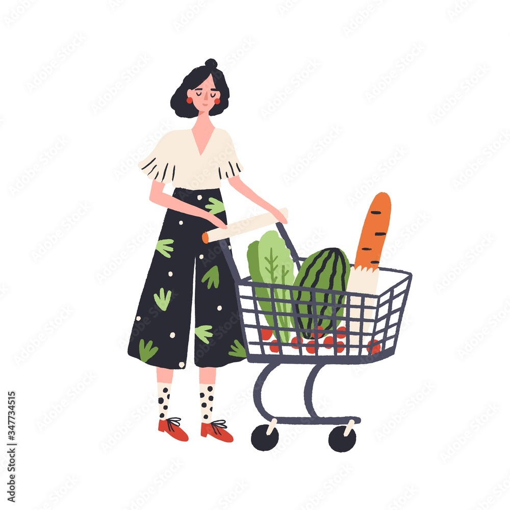 Cartoon female with shopping cart full of products vector flat  illustration. Colorful customer woman with trolley isolated on white.  Shopper girl carrying eco food, bread, vegetable and fruit Stock Vector |  Adobe