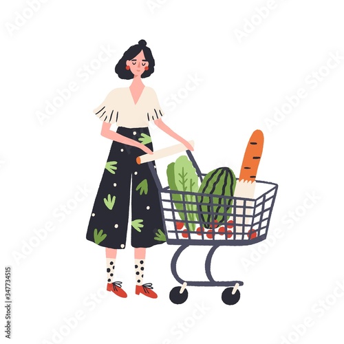 Cartoon female with shopping cart full of products vector flat illustration. Colorful customer woman with trolley isolated on white. Shopper girl carrying eco food, bread, vegetable and fruit