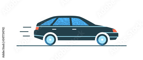 Sports black car fast moving on road side view vector flat illustration