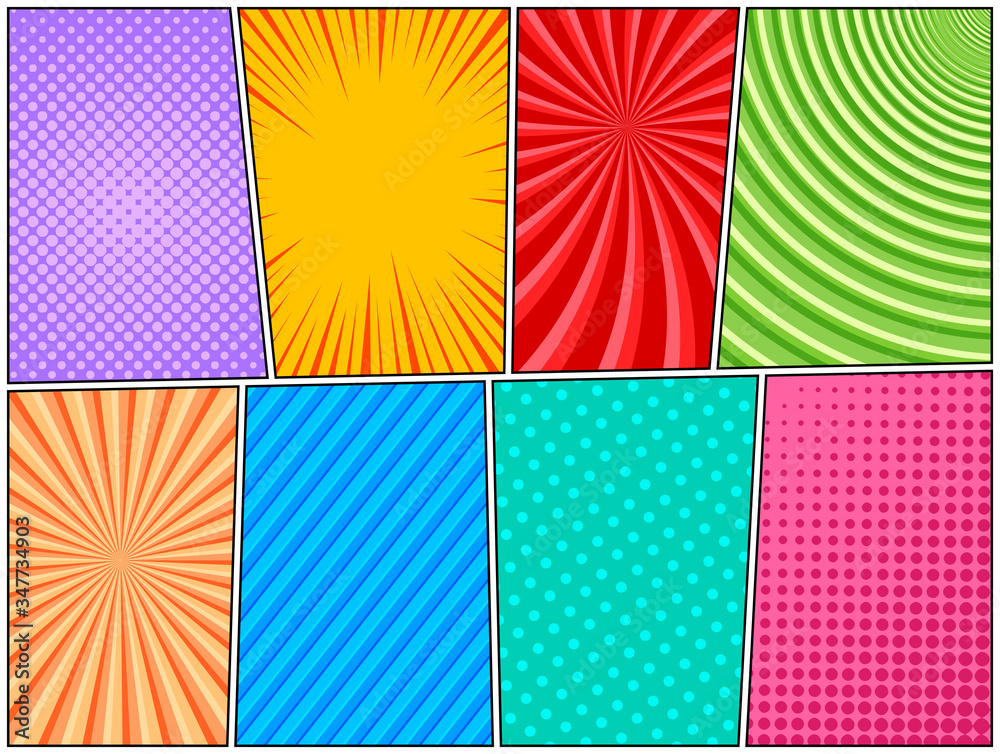 Comic book pages colorful composition with various humor effects. Vector illustration