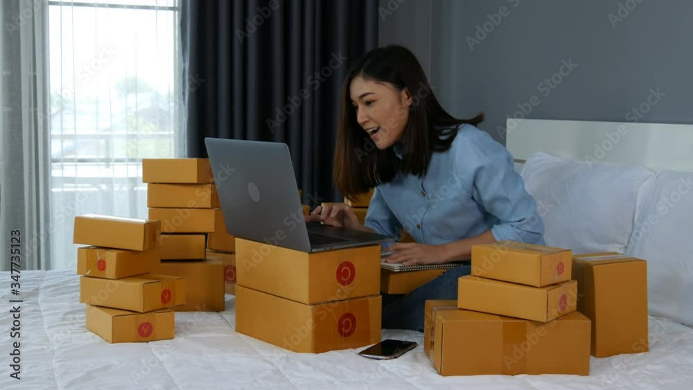 successful woman working and using laptop computer to selling product online on a bed at home successful woman working and using laptop computer to selling product online on a bed at home
