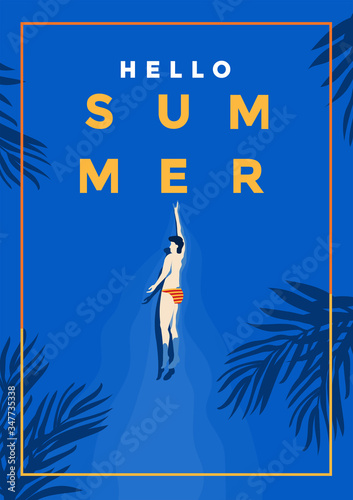 A vintage style poster with a deep blue sea and man swimming. Summer holiday poster flat design. Vector Illustration