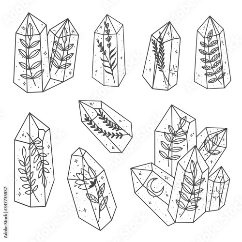 Set of magical crystals with plants. Isolated gem collection. Vector illustration.